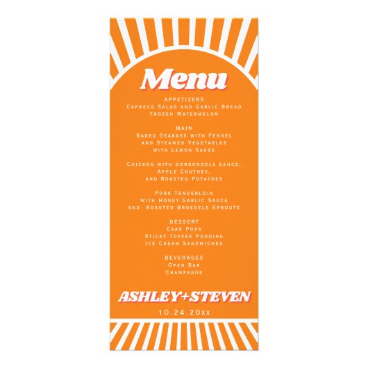 Arch en zonnestralen groovy bruiloft menukaart reclamekaart (Voorkant)
