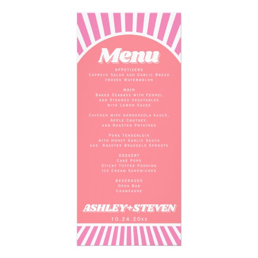 Arch en zonnestralen roze groovy bruiloft menukaar reclamekaart (Voorkant)