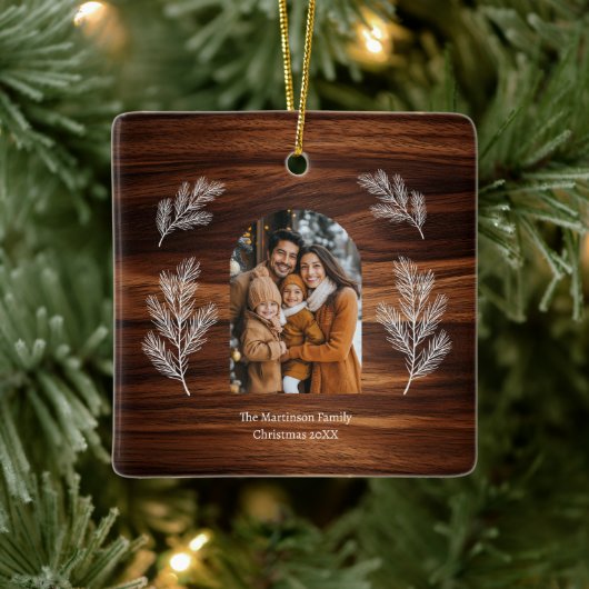 Arch Family Photo White Pine Branches Woodgrain  Keramisch Ornament (Boom)