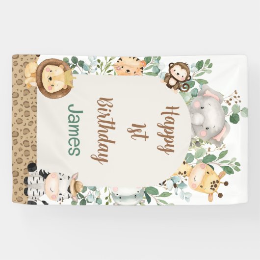 Arch Foliage Safari Party Dieren 1e Verjaardag Spandoek (Horizontaal)