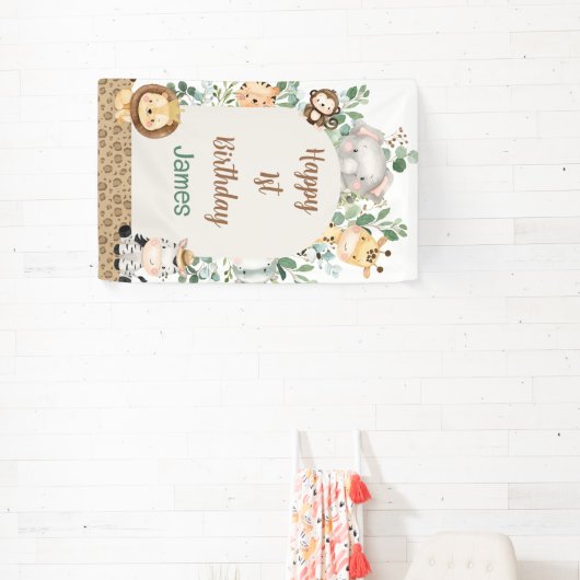 Arch Foliage Safari Party Dieren 1e Verjaardag Spandoek (Insitu)