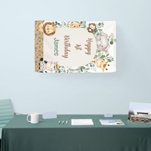 Arch Foliage Safari Party Dieren 1e Verjaardag Spandoek (Beurs)