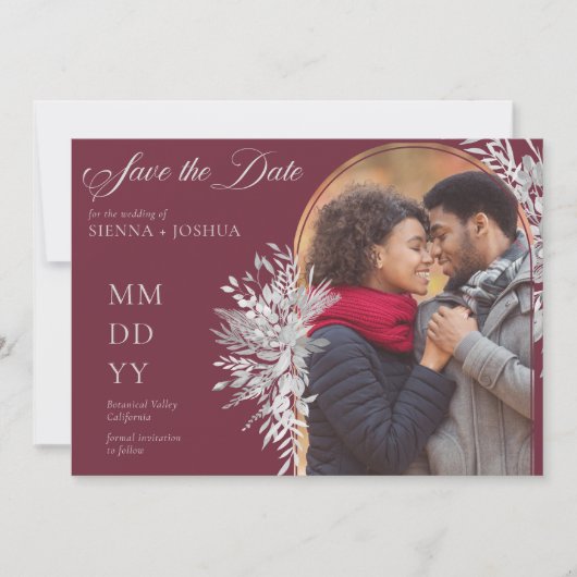 Arch Foto Botanische Foliage Burgundy Horizontal Save The Date (Voorkant)