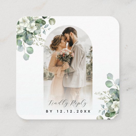 Arch Foto Eucalyptus QR Code Online bruiloft RSVP Informatiekaartje (Achterkant)