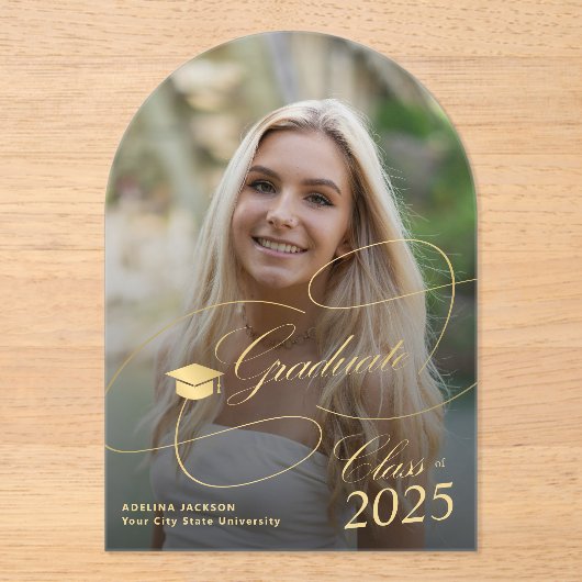 Arch foto goud afstuderen script afstuderen acryl uitnodigingen (Voorkant)