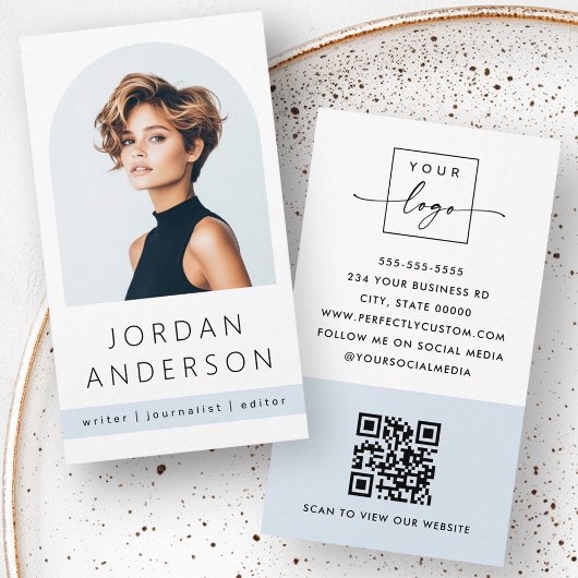 Arch foto modern minimal light stoffig blauw QR lo Visitekaartje