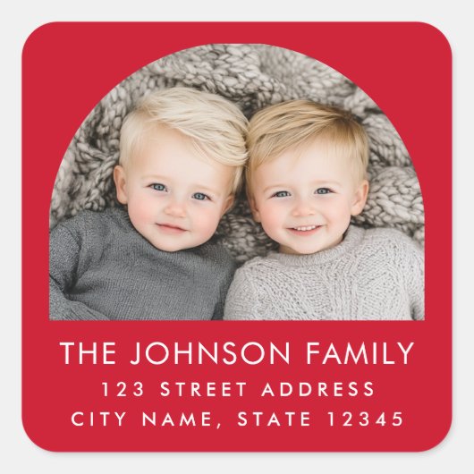 Arch foto moderne trendy rode retour adres vierkante sticker (Voorkant)