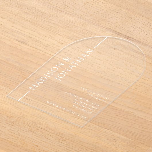 Arch Gestapelde Namen Modern Elegant Clear Wedding Acryl Uitnodigingen (Laagn)