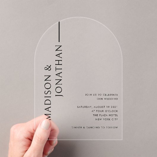 Arch Gestapelde Namen Modern Elegant Clear Wedding Acryl Uitnodigingen (Insitu (Draagbaar))