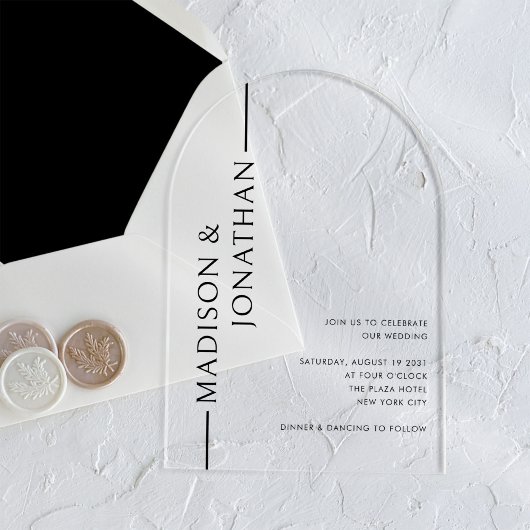 Arch Gestapelde Namen Modern Elegant Clear Wedding Acryl Uitnodigingen
