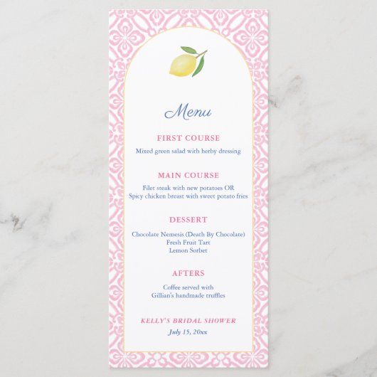 Arch Girly Roze Met Citroen Baby shower Party Menu (Voorkant)
