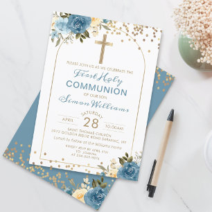 Arch Gold Dusky Blue Floral First Heilige Communie Kaart