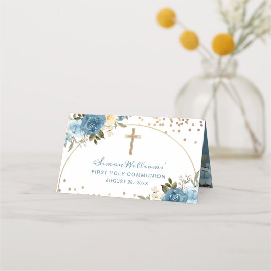 Arch Gold Dusky Blue Floral First Heilige Communie Plaatskaartje (Achterkant)