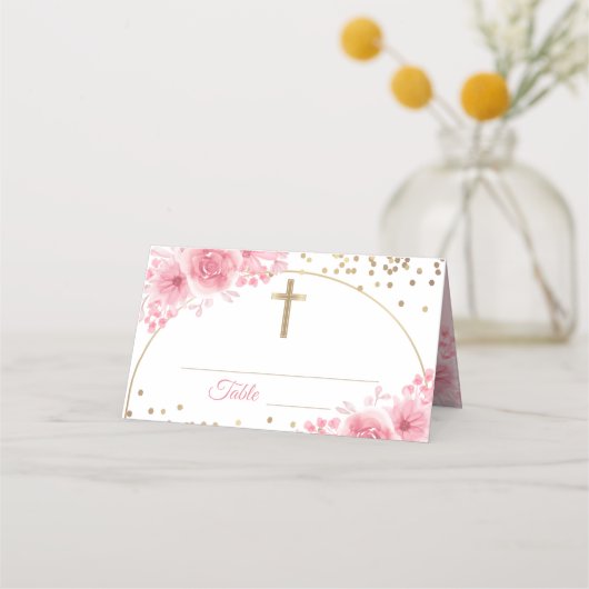 Arch Gold Glitter Pink Floral First Heilige Commun Plaatskaartje (Voorkant)