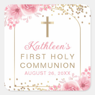 Arch Gold Glitter Pink Floral First Heilige Commun Vierkante Sticker