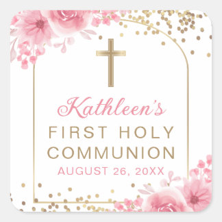 Arch Gold Glitter Pink Floral First Heilige Commun Vierkante Sticker
