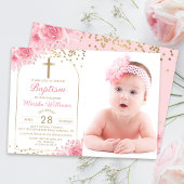 Arch Gold Glitter Pink Floral Girl Baptisme Foto Kaart