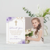 Arch Gold Paars Floral First Heilige Communfoto Bedankkaart (Staand voorkant)