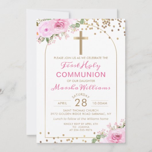 Arch Gold Pink Floral Girl Eerste Heilige Communie Kaart (Voorkant)