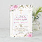 Arch Gold Pink Floral Girl Eerste Heilige Communie Kaart (Staand voorkant)
