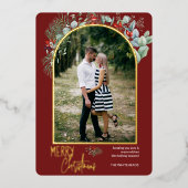 Arch Greenery Merry kerstfoto Bourgundy Folie Feestdagenkaart (Voorkant)