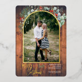 Arch Greenery Merry kerstfoto Cherry Wood Folie Feestdagenkaart (Voorkant)