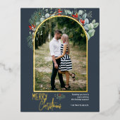 Arch Greenery Merry kerstfoto Dusty Blue Folie Feestdagen Briefkaart (Voorkant)