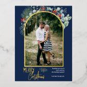 Arch Greenery Merry kerstfoto Navy Blue Folie Feestdagen Briefkaart (Voorkant)