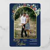 Arch Greenery Merry kerstfoto Navy Blue Folie Feestdagenkaart (Voorkant)