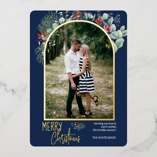 Arch Greenery Merry kerstfoto Navy Blue Folie Feestdagenkaart (Voorkant)