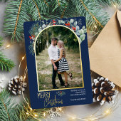 Arch Greenery Merry kerstfoto Navy Blue Folie Feestdagenkaart