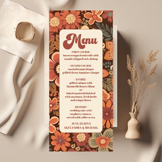 Arch Groovy Retro 70s bloemenbruiloft Menu