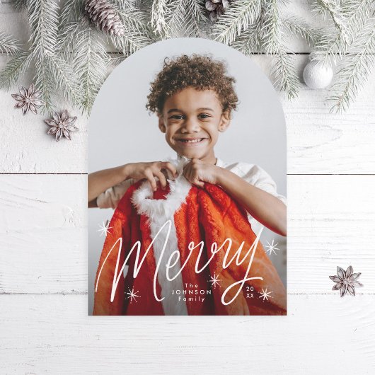 Arch Hand Lettered Merry Starry Holiday Photo Card Kaart