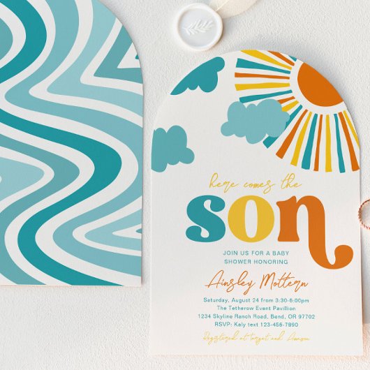 Arch Here Comes The Son Baby Shower Invitation Kaart