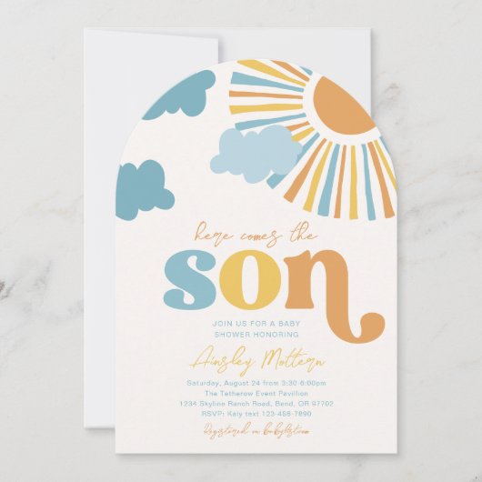 Arch Here Comes The Son Baby shower Invitation Kaart (Voorkant)