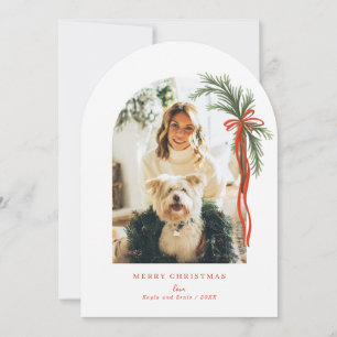 Arch Holiday Greenery Swag Red Bow Kerstfoto Kaart