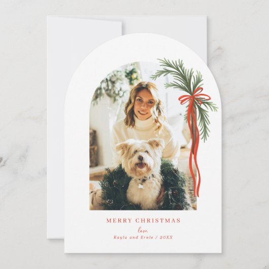 Arch Holiday Greenery Swag Red Bow Kerstfoto Kaart (Voorkant)