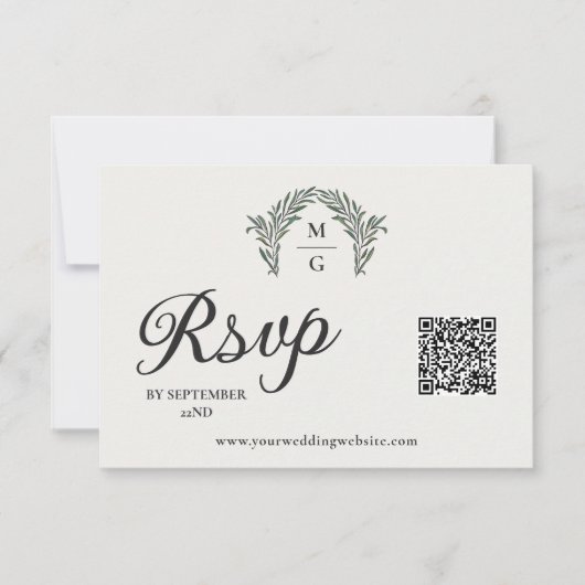 Arch Laurel Krans Monogram QR Code RSVP Online Kaartje (Voorkant)