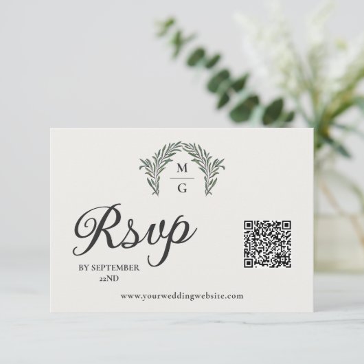 Arch Laurel Krans Monogram QR Code RSVP Online Kaartje (Staand voorkant)