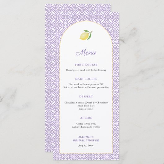 Arch Lemons Lavender Bridal Shower Party Menu (Voorkant / Achterkant)