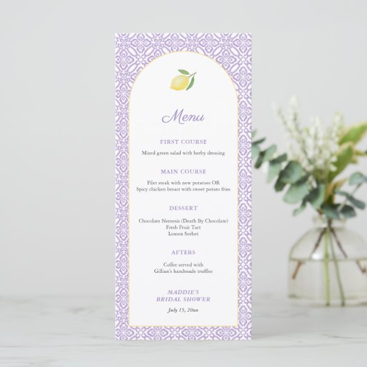 Arch Lemons Lavender Bridal Shower Party Menu (Staand voorkant)