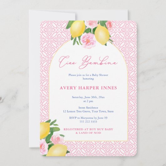 Arch Lijst Ciao Bambina Lemons Baby Girl Shower Kaart (Voorkant)
