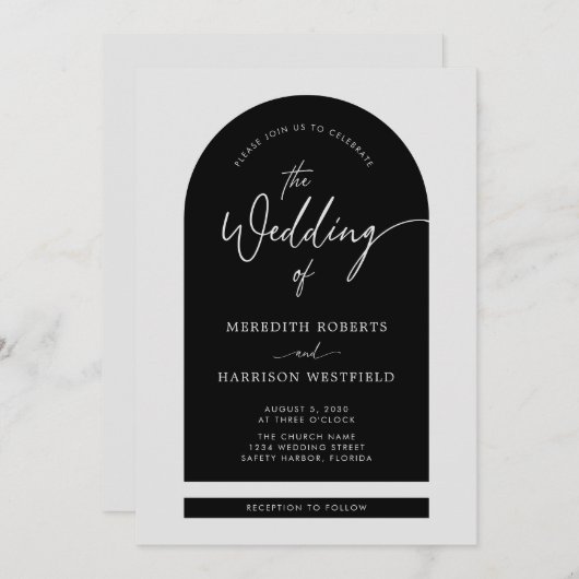 Arch Lijst Modern Script QR Code Zwart Bruiloft Kaart (Voorkant / Achterkant)