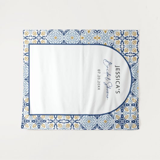 Arch Mediterraan blauwe bruidsshower achtergrond Wandkleed (Voorkant (horizontaal))