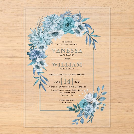 Arch met blauwgroen blauwe bloemen en bladeren bru acryl uitnodigingen (Voorkant)