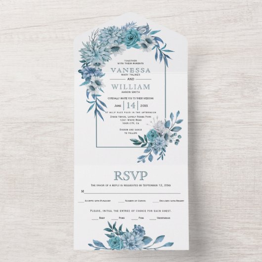 Arch met blauwgroen, waterblauwe bloemen, bladeren all in one uitnodiging (Binnen)