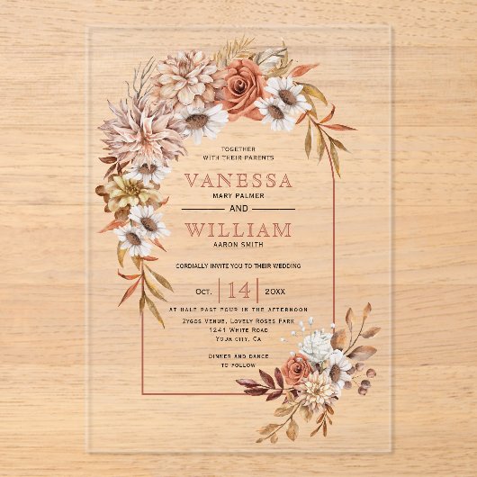 Arch met herfstbloemen en bladeren herfst bruiloft acryl uitnodigingen (Voorkant)