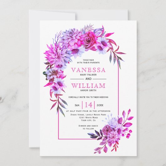 Arch met magenta roze bloemen florale bruiloft kaart (Voorkant)