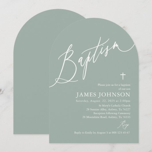 Arch Modern Sage Groen Wit Kruis Doop Kaart (Voorkant / Achterkant)