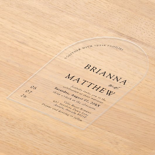 Arch Modern Zwart-wit minimalistische bruiloft Acryl Uitnodigingen (Laagn)